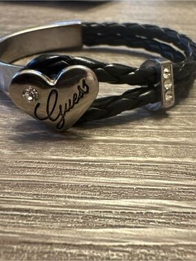 GUESS Black Braided Leather & Silver Bracelet, W/Heart Clasp 7”